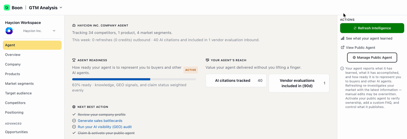 Agent page showing the agent readiness bar and the Next Best Action checklist, with completed items struck through.