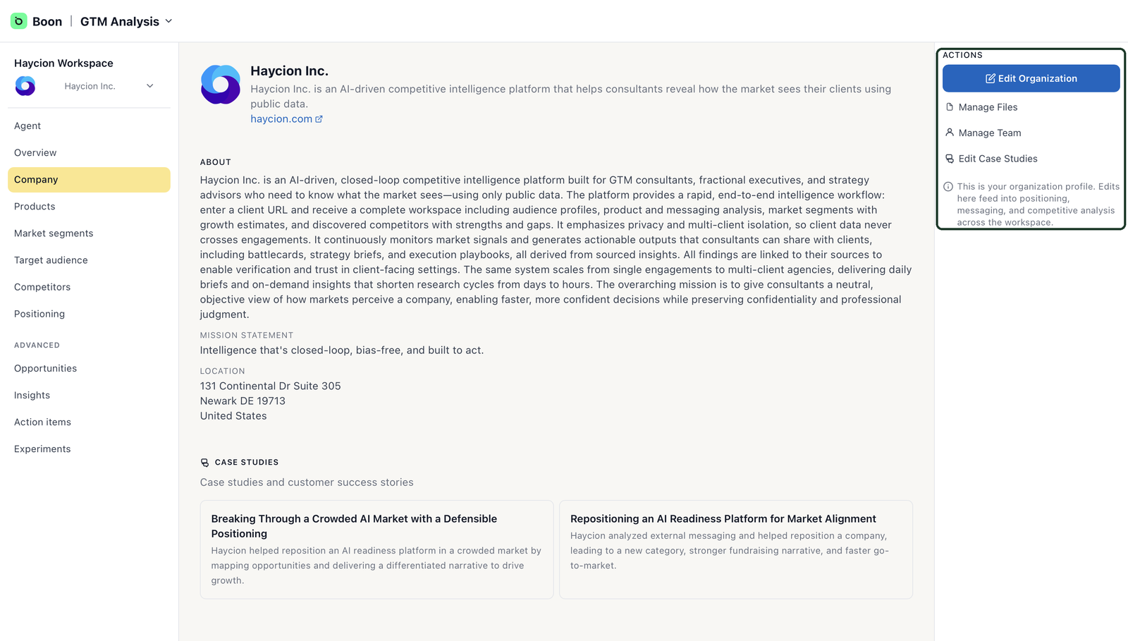 Company page showing the About text, mission and location, with an Actions panel offering Edit Organization, Manage Files, Manage Team and Edit Case Studies.