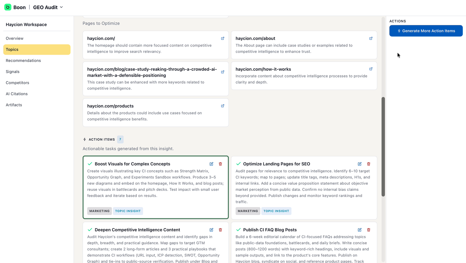 A topic detail page showing pages to optimize with improvement notes, and generated action items tagged with suggested owners such as Marketing and Sales.