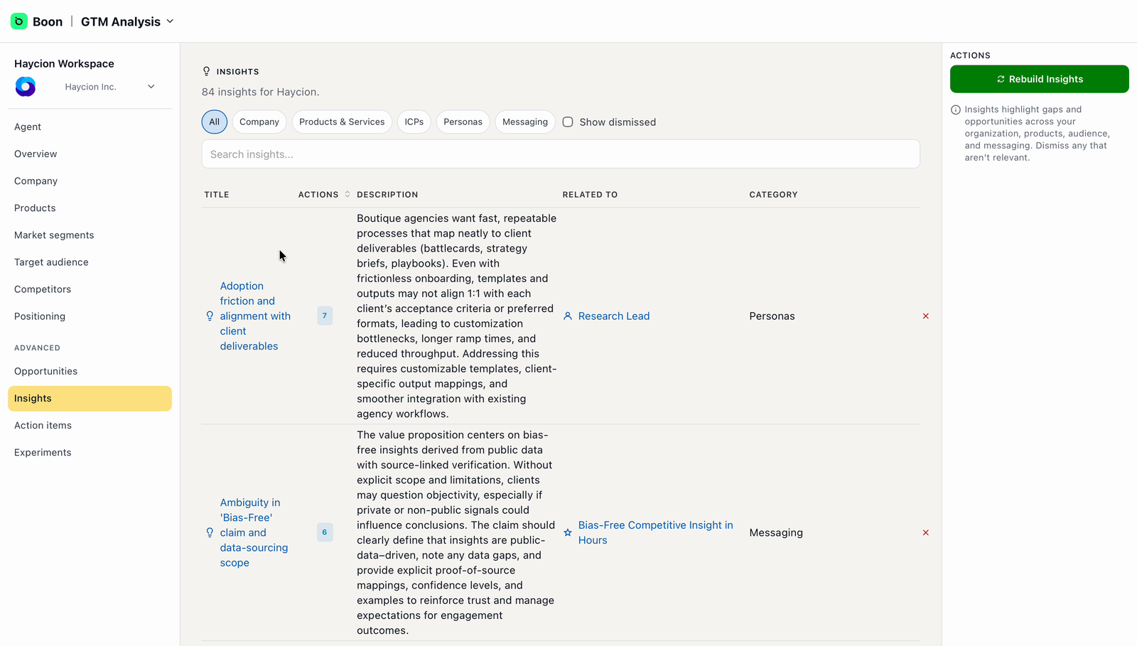 Insights page with category filter tabs, a search field, and insight rows showing title, description, related items and category.