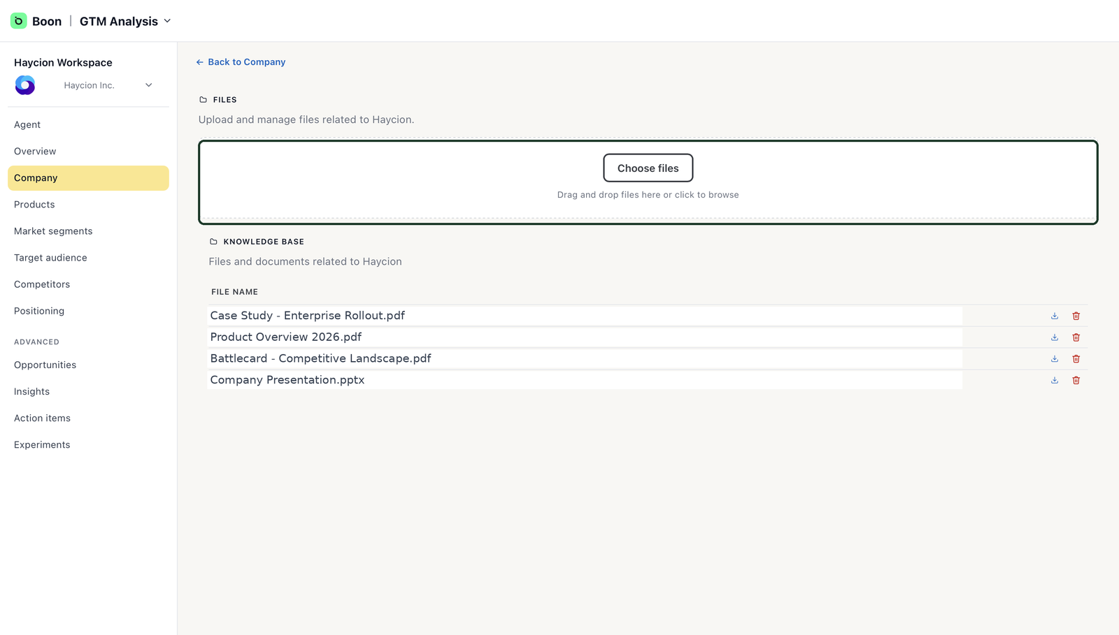 Manage Files dialog with a drag-and-drop upload area and a list of documents already added to the workspace knowledge base.