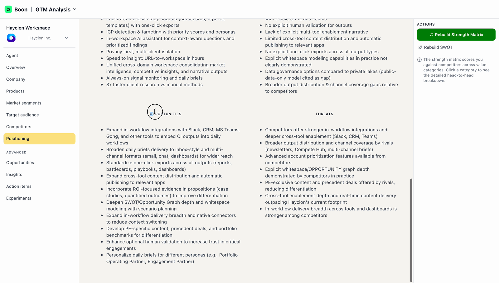 SWOT analysis on the Positioning page, with generated opportunity and threat statements listed side by side.