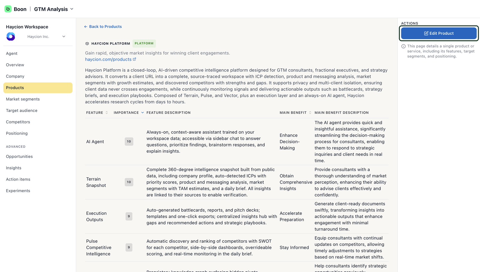A product detail page with the product description and a table of features and benefits, with the Edit Product action available.